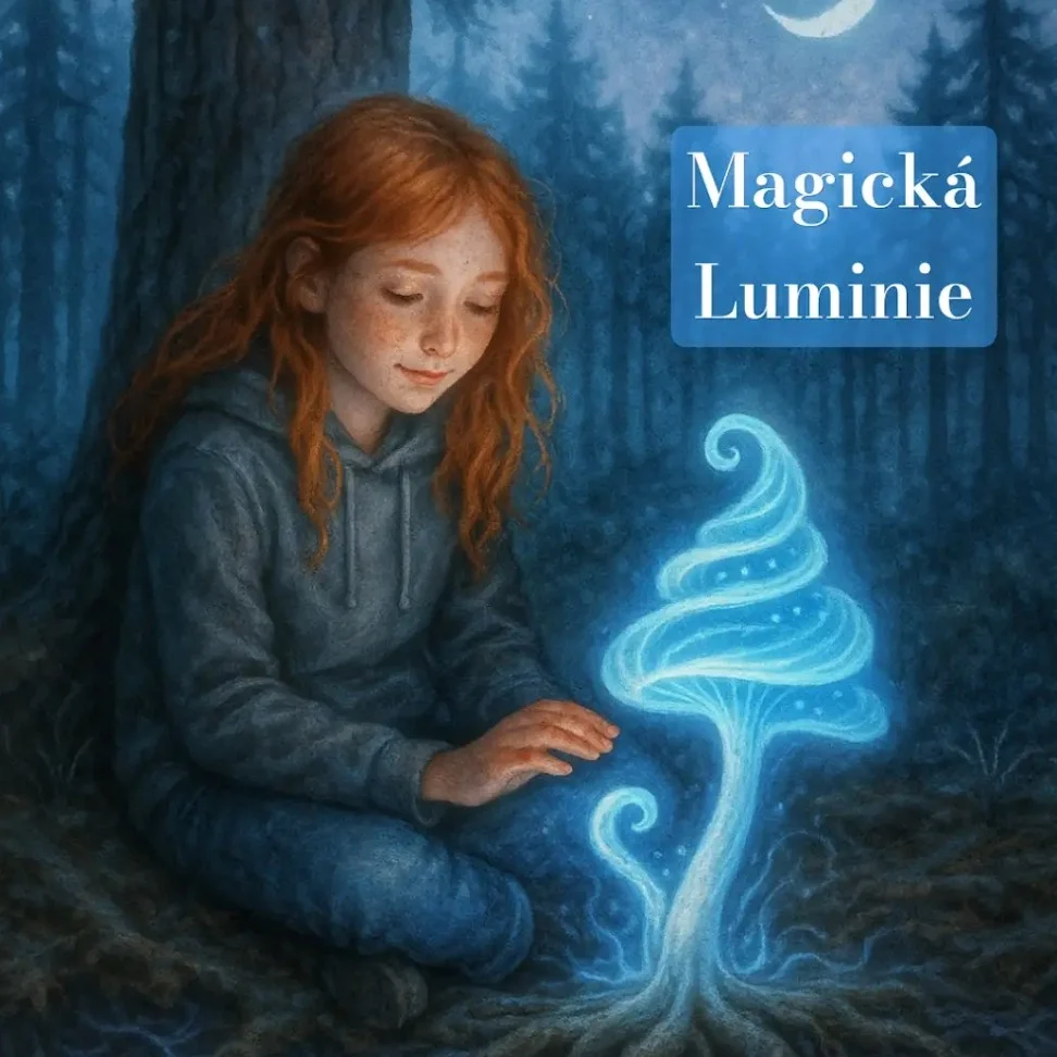 Ilustrace z připravované knihy Meda & Lumínie: dívka v nočním lese u zářící Lumínie